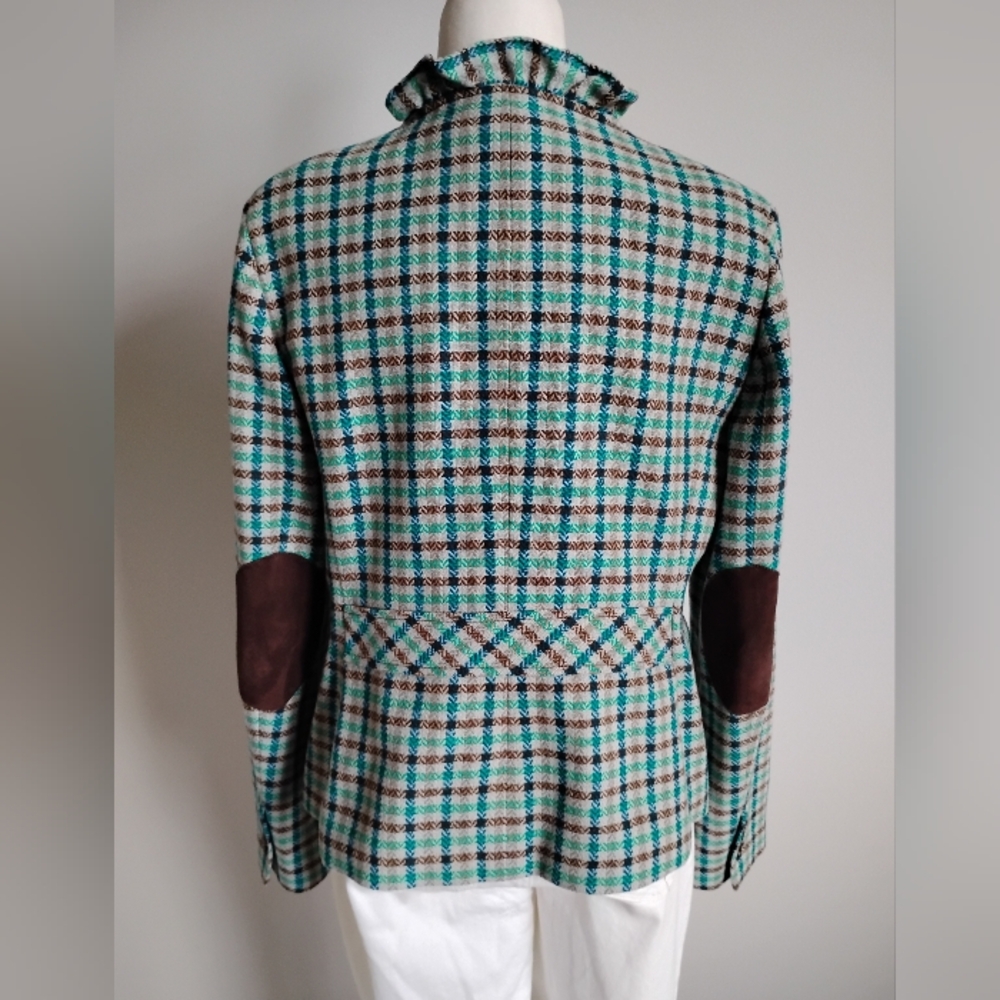 Talbots 100% Wool Ruffle Plaid Jacket Blazer Turquoise Blue Brown Classic Sz 12 - Picture 12 of 16